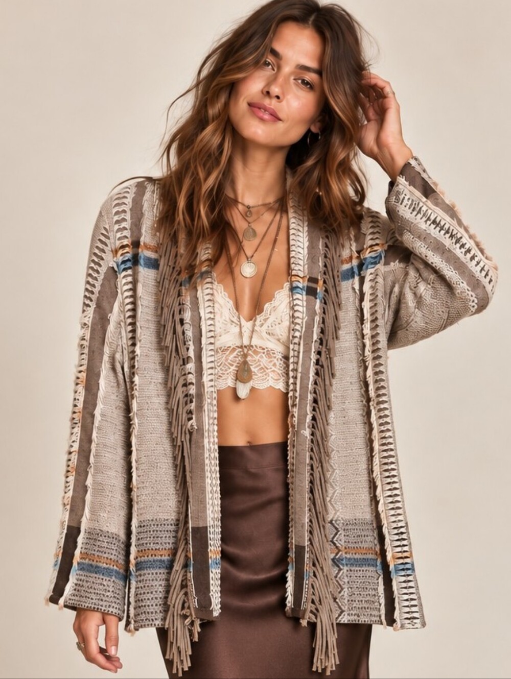 NIC + ZOE BOHO FRINGE TEXTURED KNIT CARDIGAN SOUTHWESTERN MEDIUM LIKE NEW!